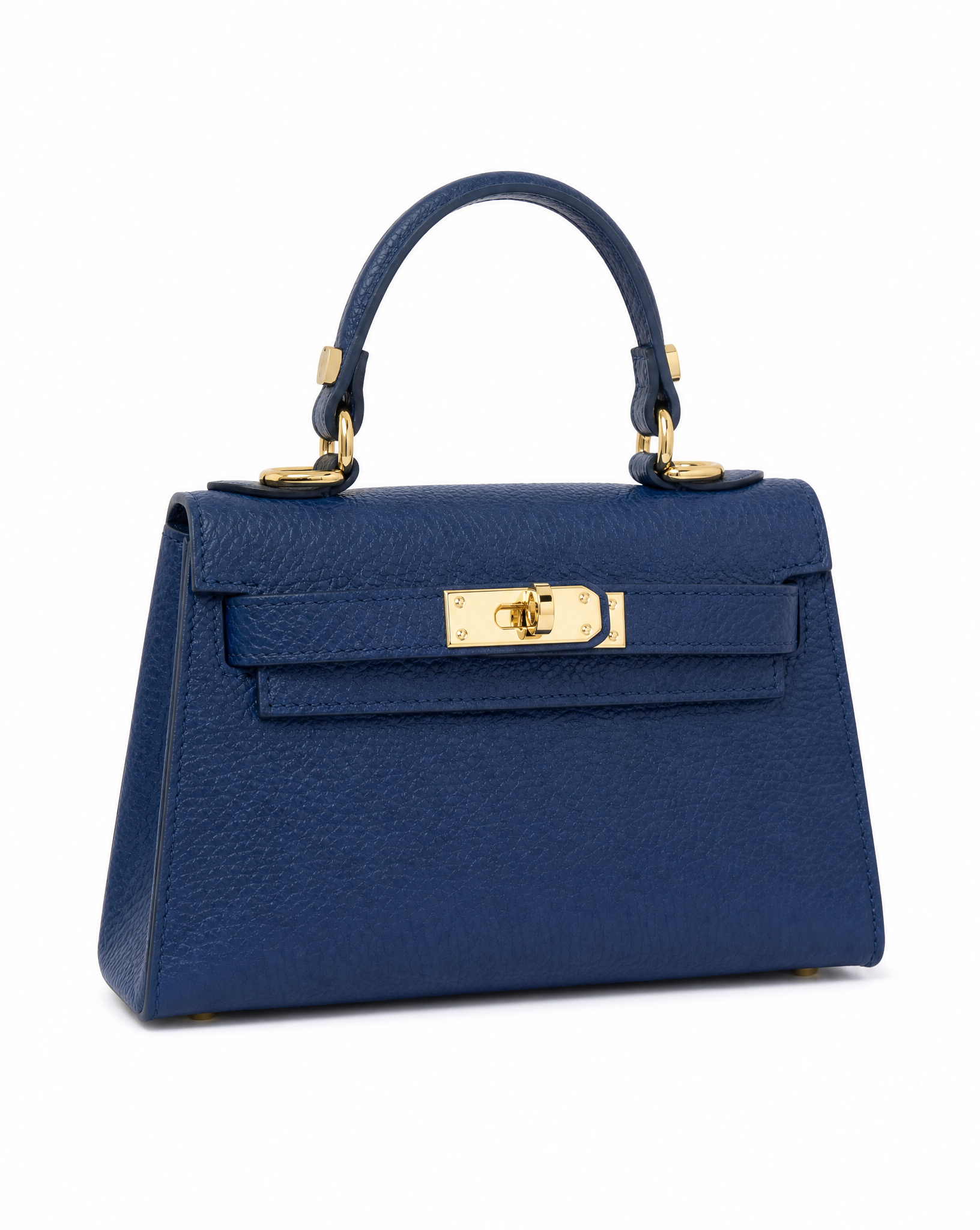 Mini bag a mano in vera pelle blu, vista frontale su sfondo bianco