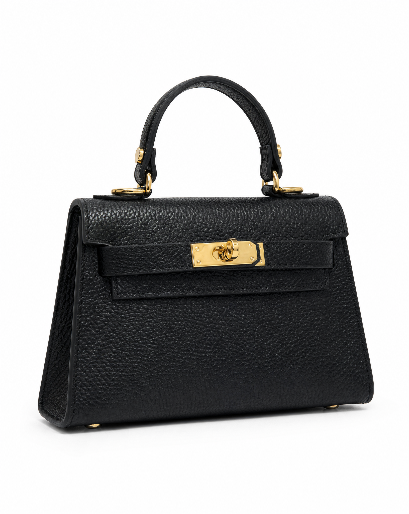 Mini bag a mano in vera pelle nera, vista frontale su sfondo bianco