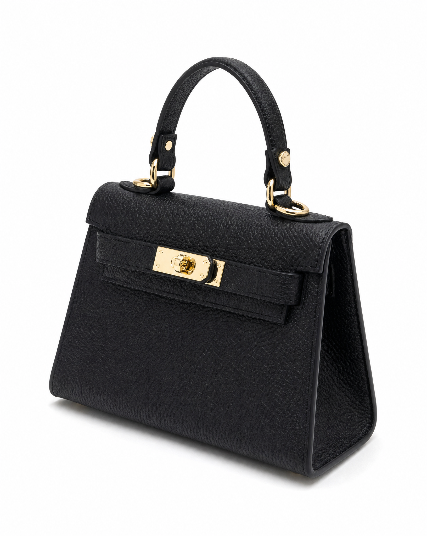 Mini bag a mano in vera pelle nera, seconda vista su sfondo bianco