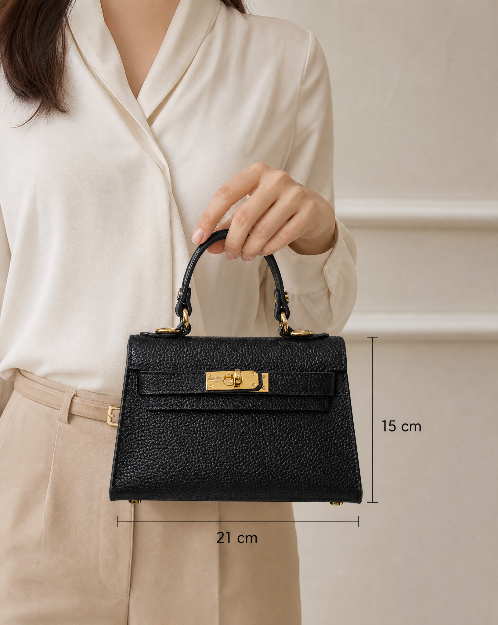 Mini bag nera portata a mano, dimensioni 21 × 15 cm