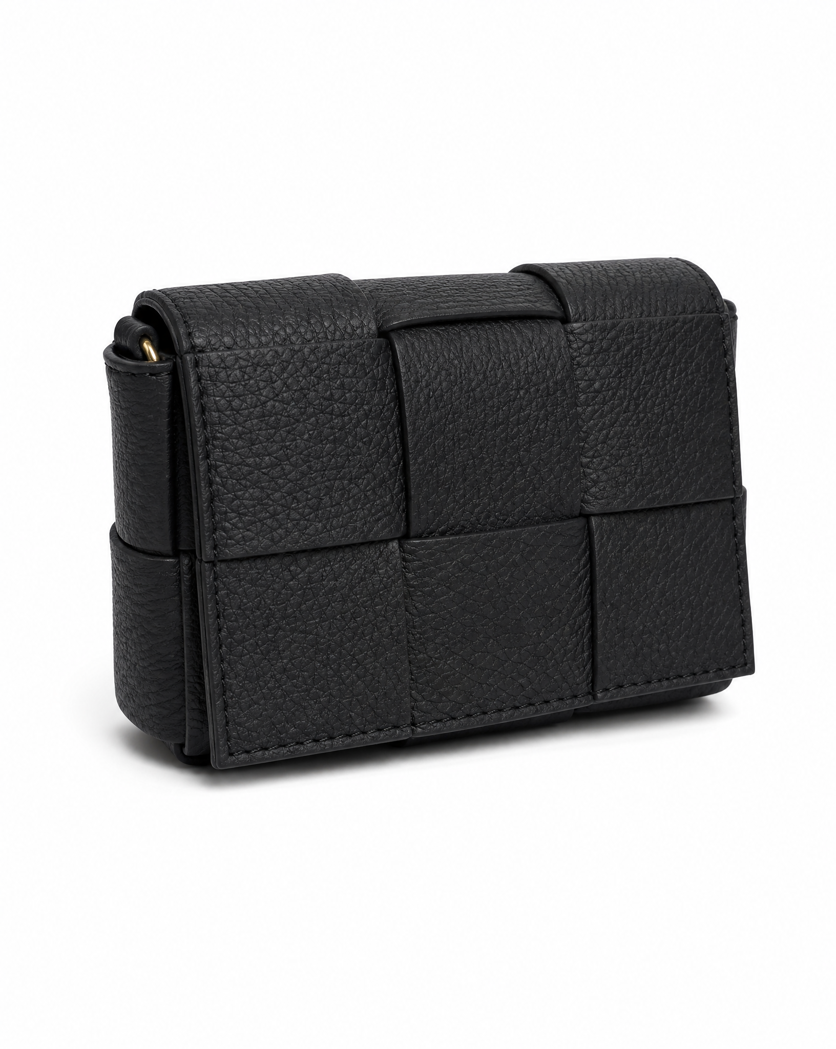 Mini bag intrecciata in vera pelle nera su sfondo bianco, seconda vista