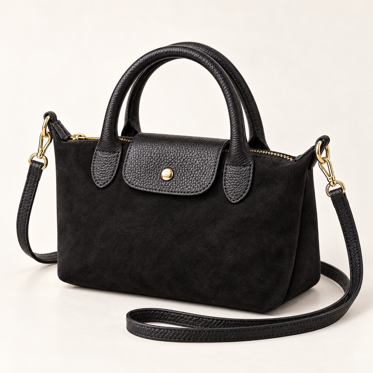 Mini borsa effetto scamosciato nero – vista tre quarti con tracolla