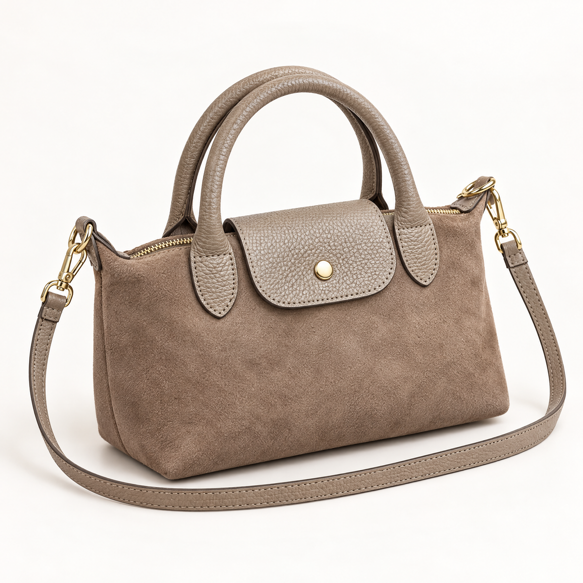 Mini borsa effetto scamosciato taupe – vista tre quarti con tracolla