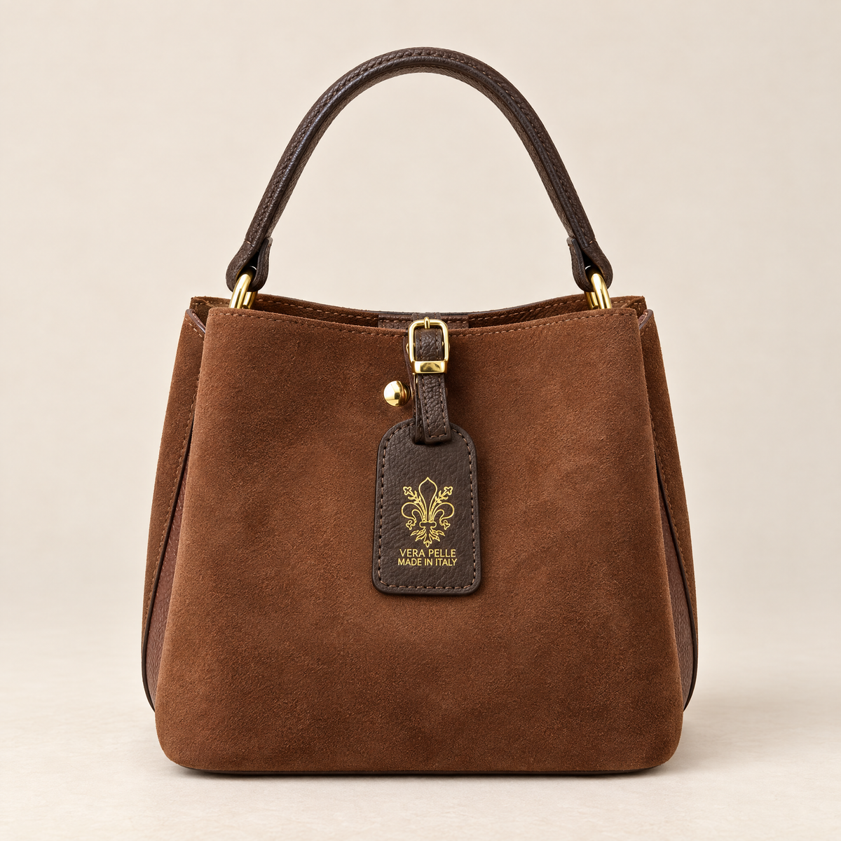 Mini borsa in vera pelle scamosciata marrone con manico a contrasto – frontale
