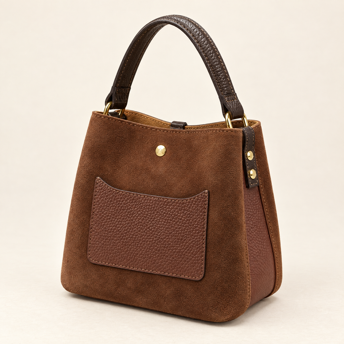 Mini borsa in vera pelle scamosciata marrone con manico a contrasto – retro