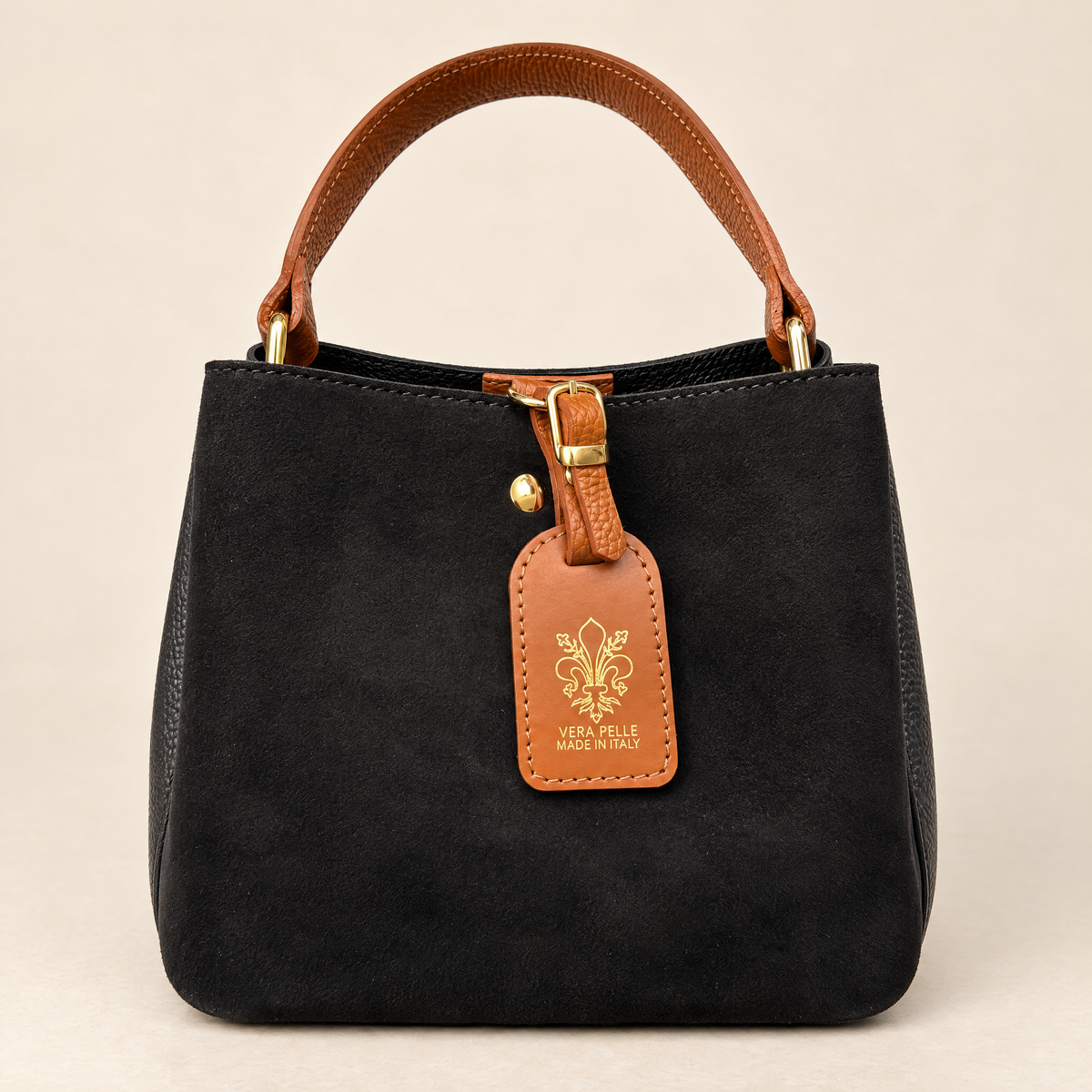 Mini borsa in vera pelle scamosciata nero con manico a contrasto – frontale
