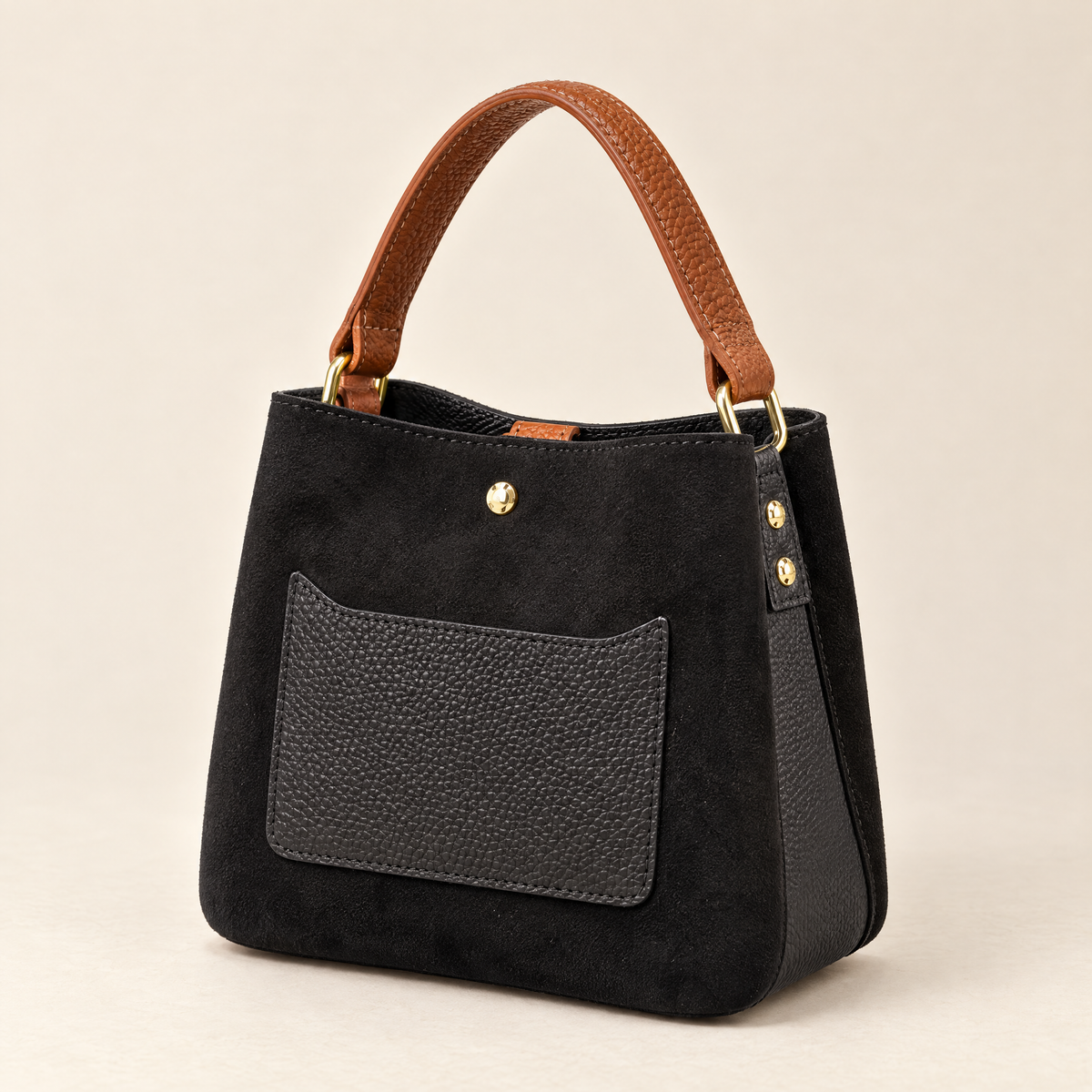 Mini borsa in vera pelle scamosciata nero con manico a contrasto – retro