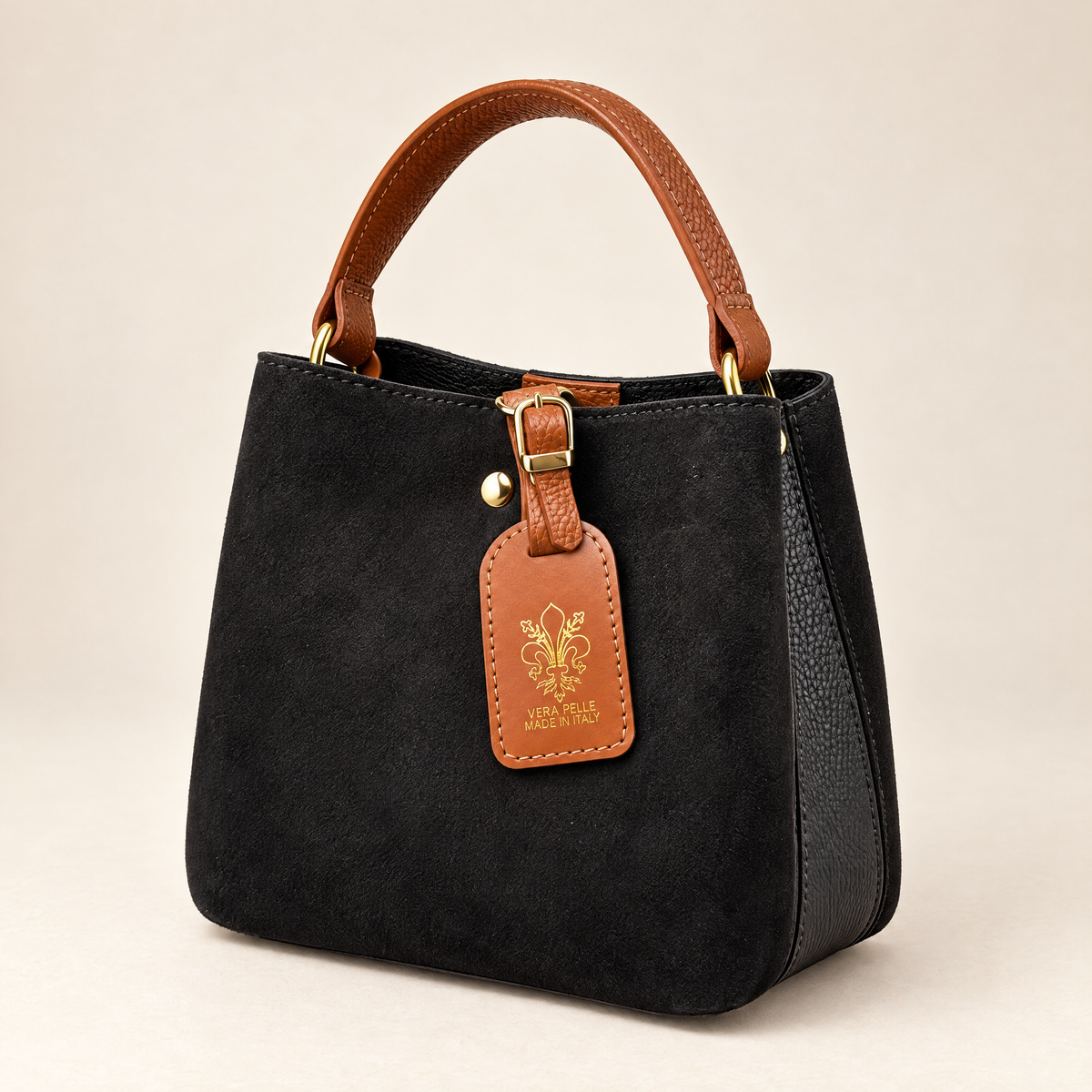 Mini borsa in vera pelle scamosciata nero con manico a contrasto – tre quarti