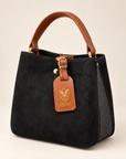 Mini borsa in vera pelle scamosciata nero con manico a contrasto – tre quarti