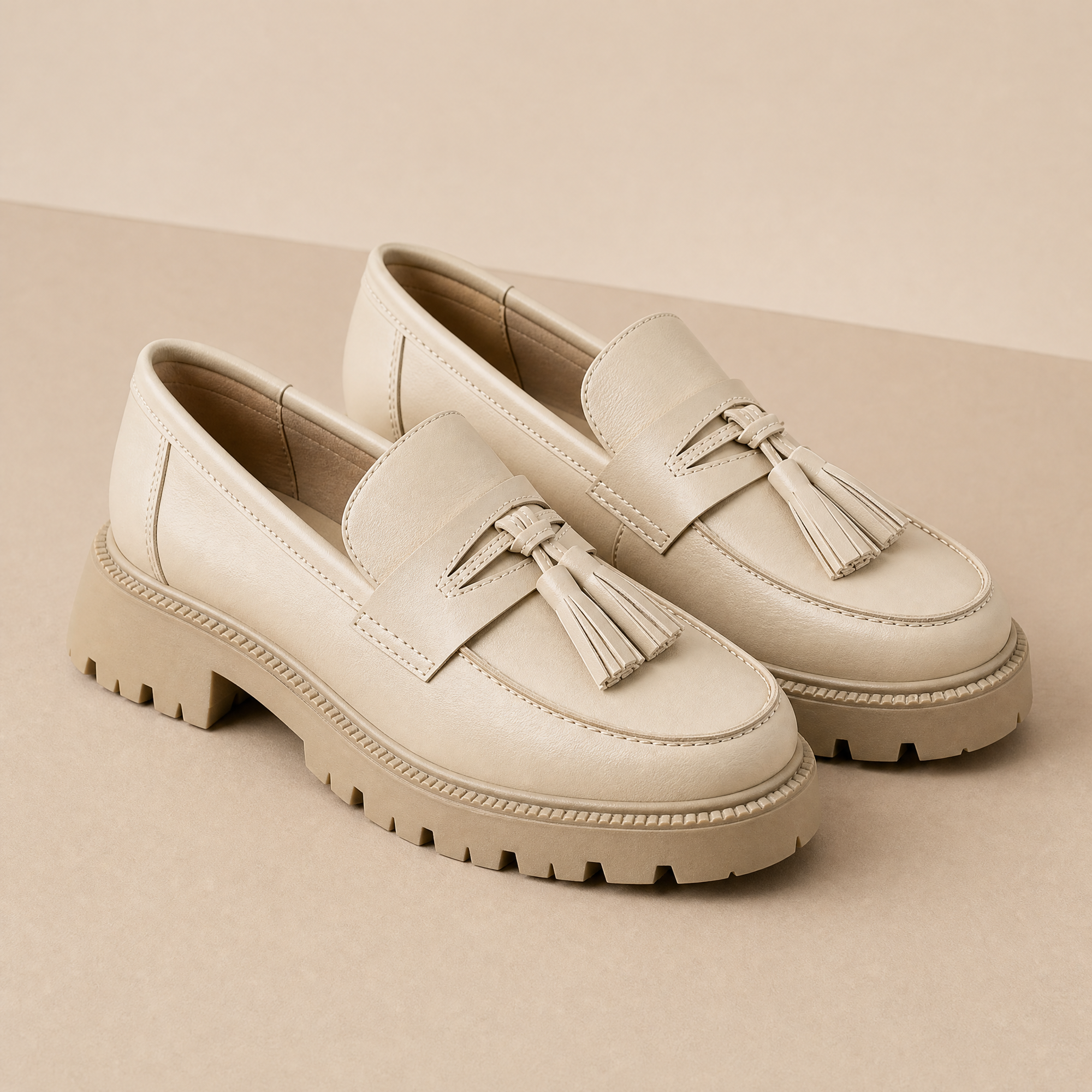 Mocassini beige da donna con nappine e suola chunky