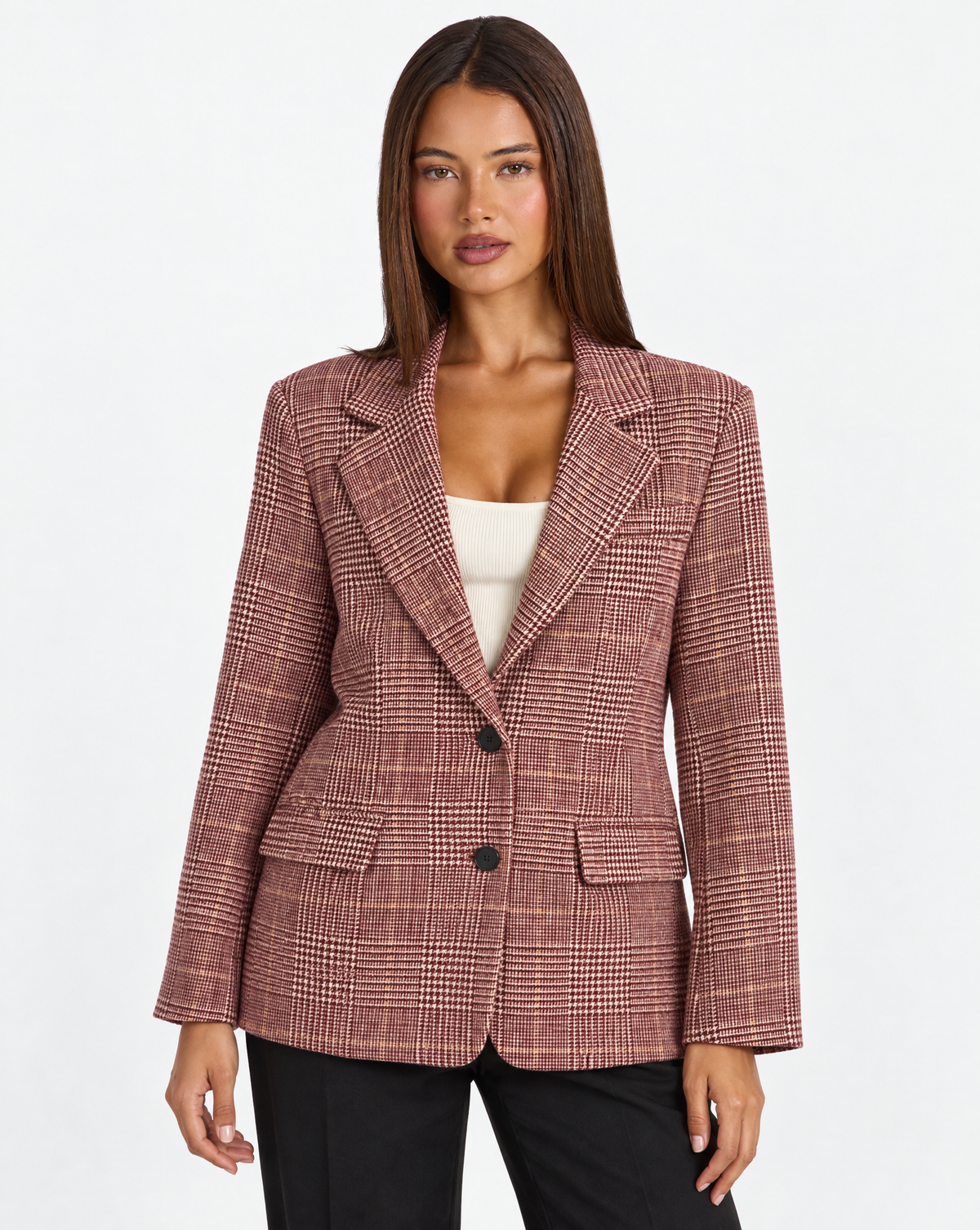 Cardigan modello blazer a quadri Bordeaux con Polly 4 — vista frontale