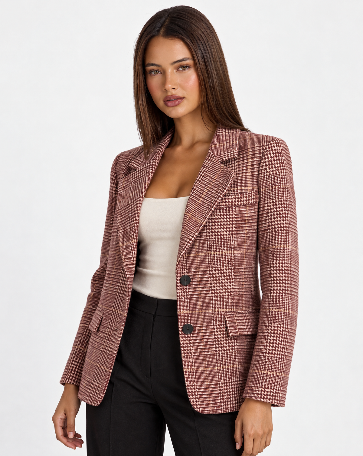 Cardigan modello blazer a quadri Bordeaux con Polly 4 — primo piano a tre quarti