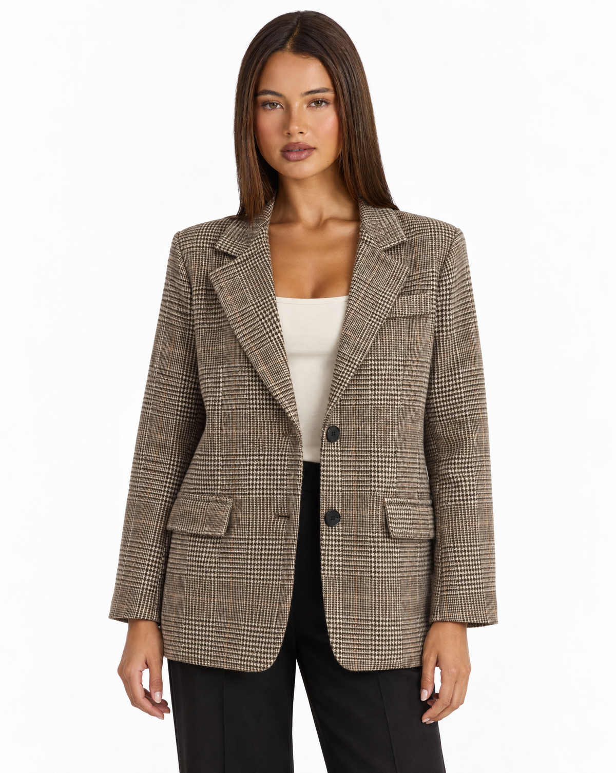 Cardigan modello blazer a quadri Marrone con Polly 4 — vista frontale