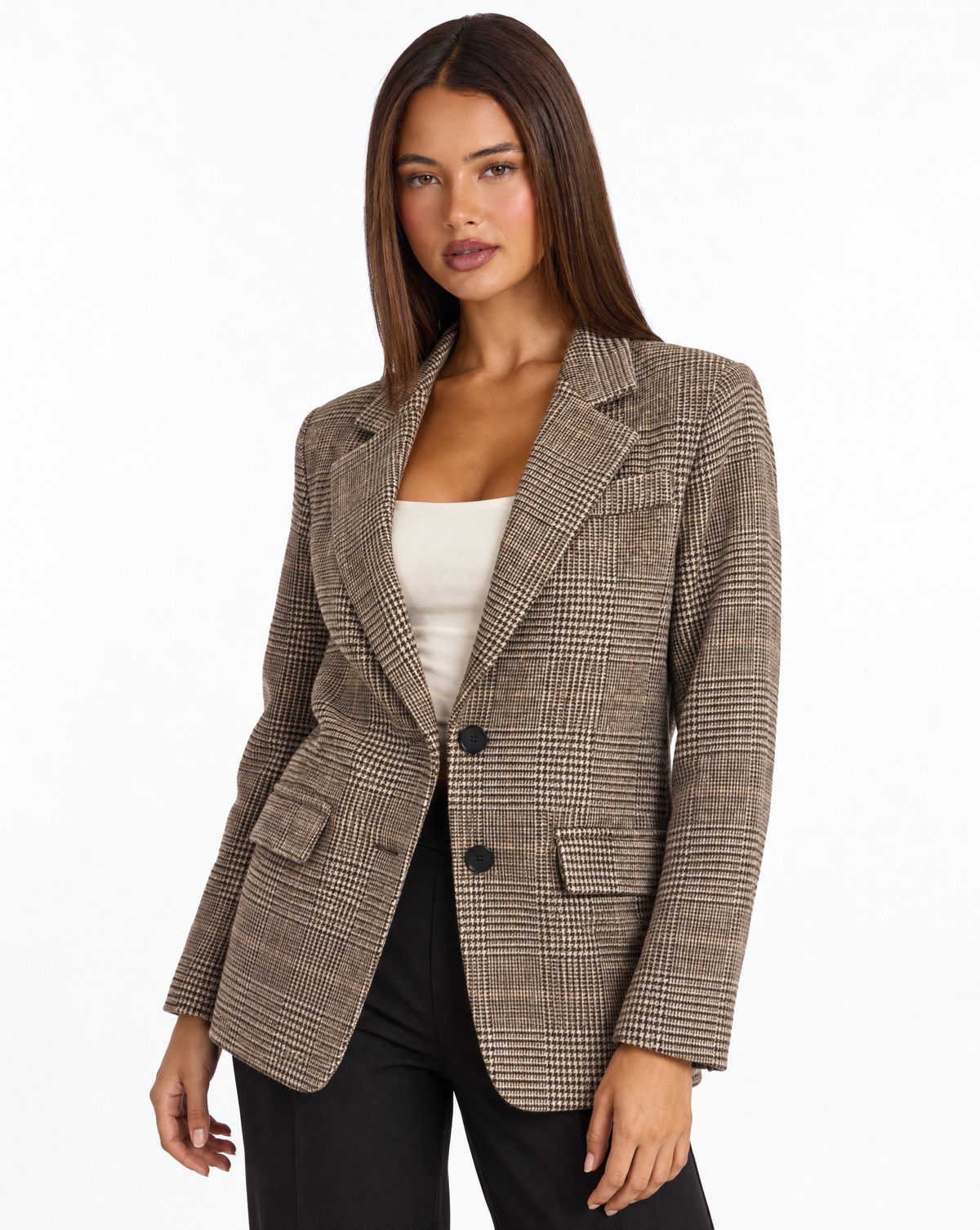Cardigan modello blazer a quadri Marrone con Polly 4 — primo piano a tre quarti