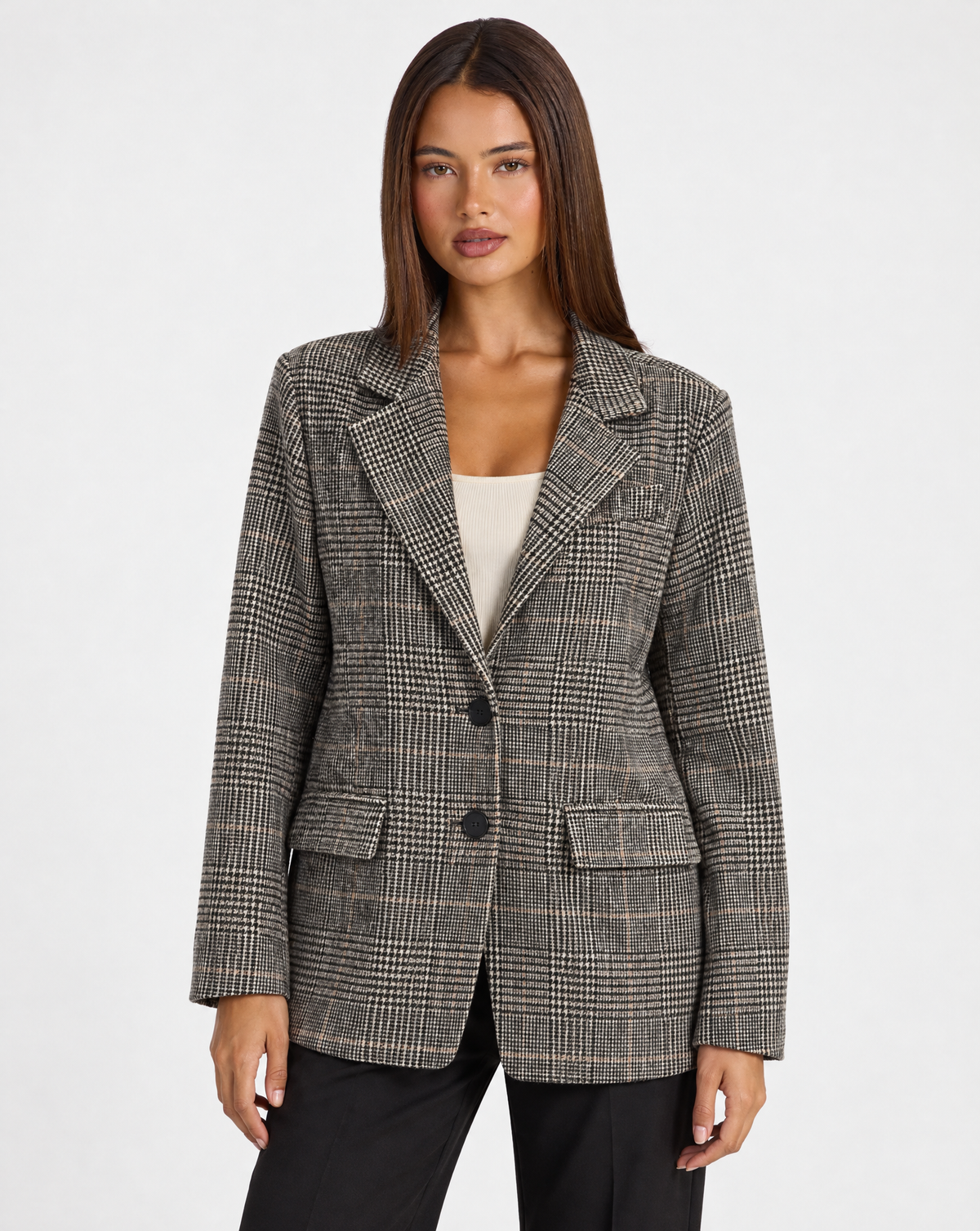 Cardigan modello blazer a quadri Nero con Polly 4 — vista frontale