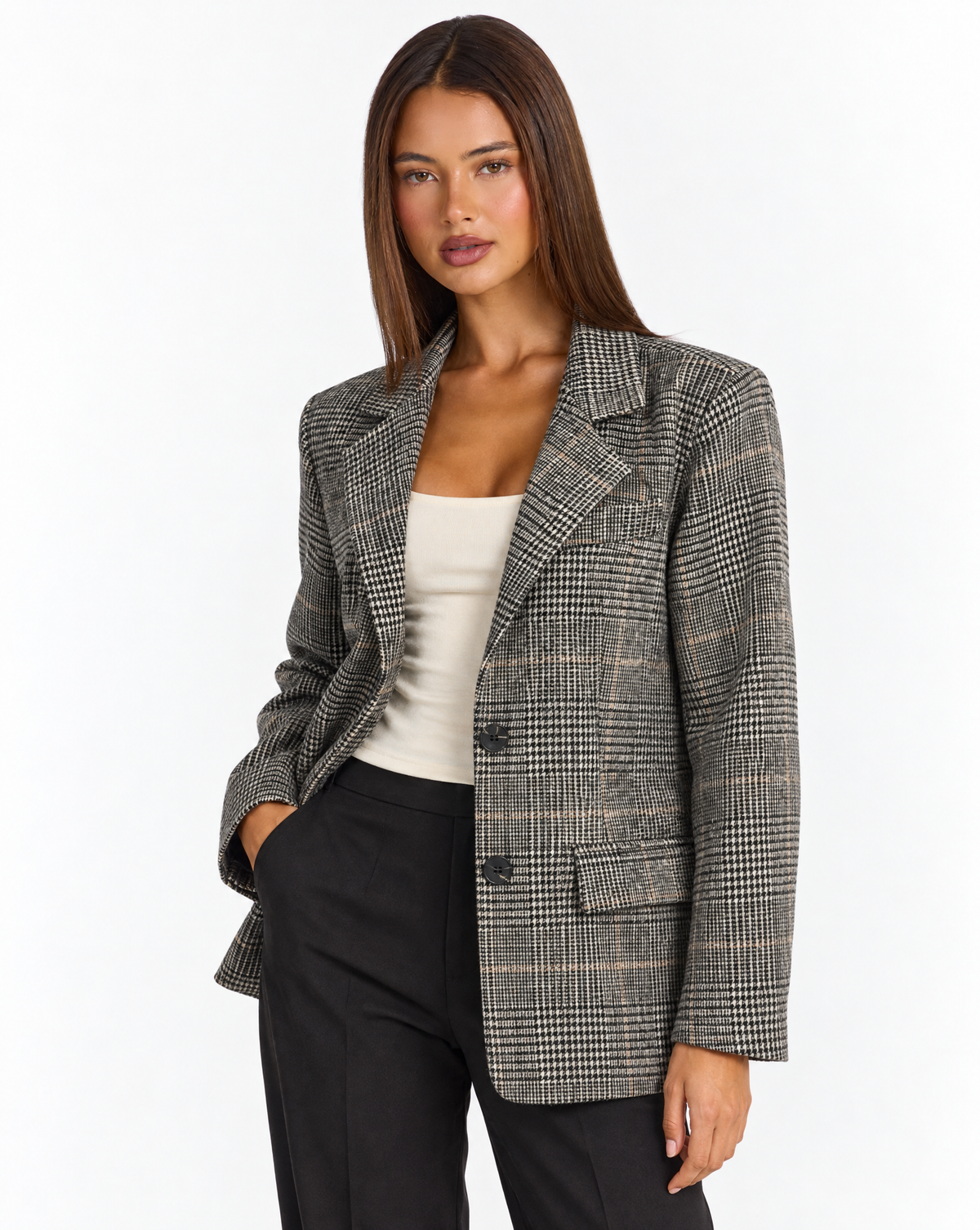 Cardigan modello blazer a quadri Nero con Polly 4 — primo piano a tre quarti