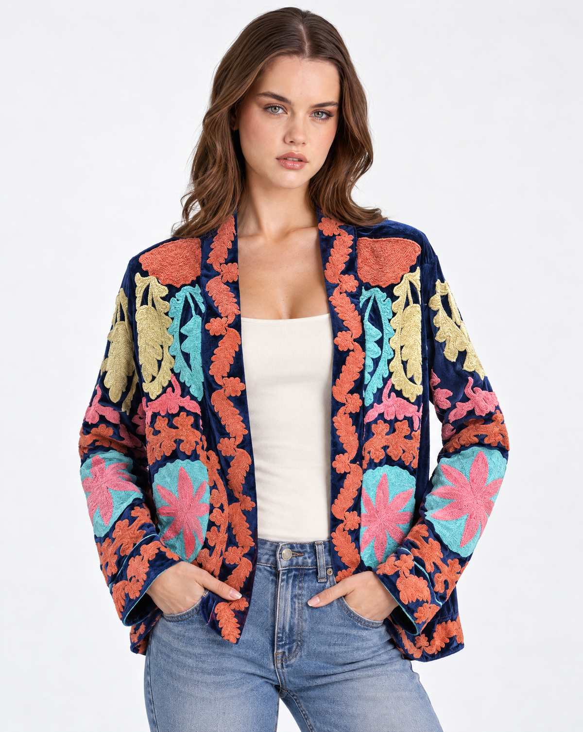 Cardigan donna blu con decorazioni floreali multicolore, Polly 2 — vista frontale