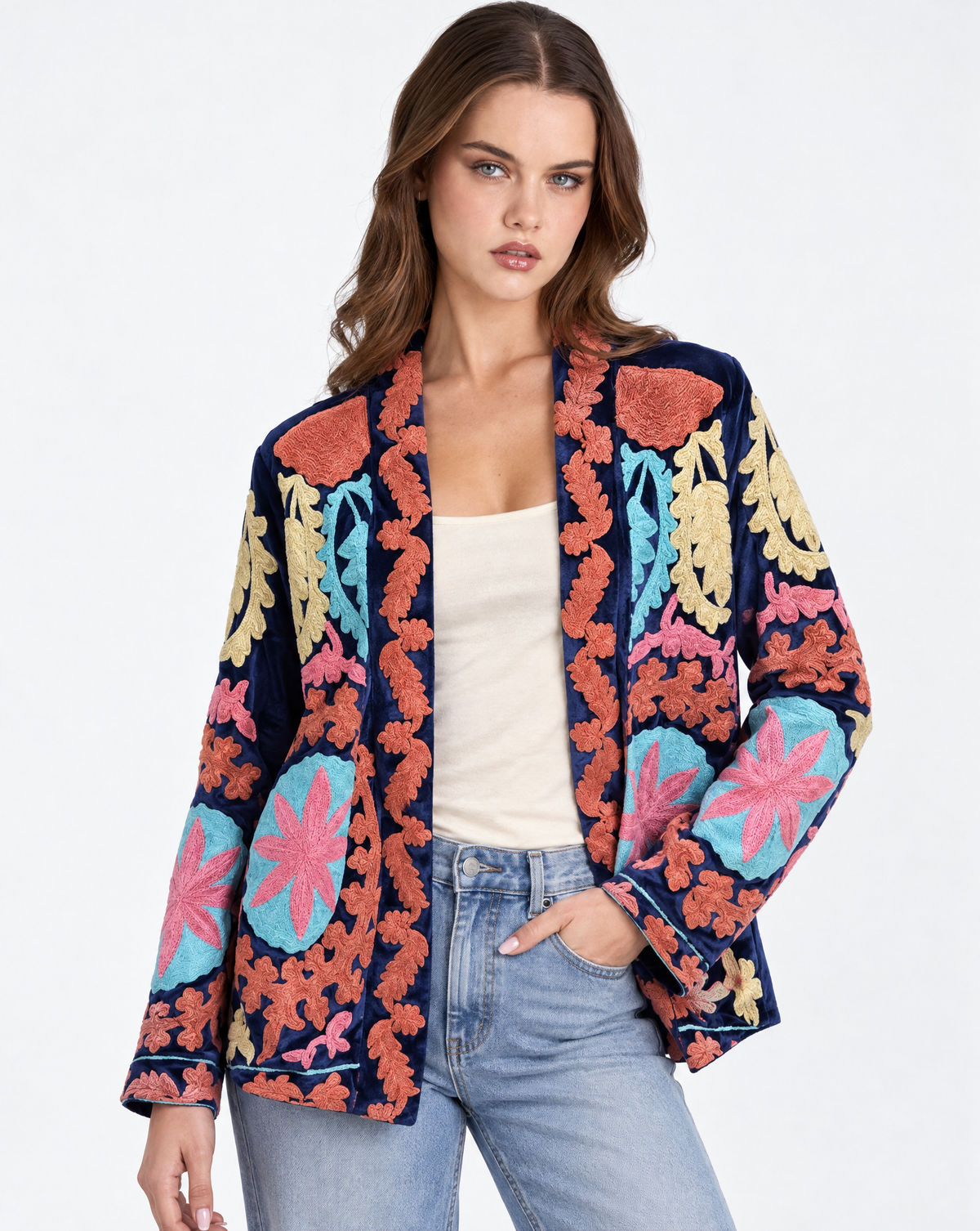 Cardigan donna blu con decorazioni floreali multicolore, Polly 2 — vista a tre quarti