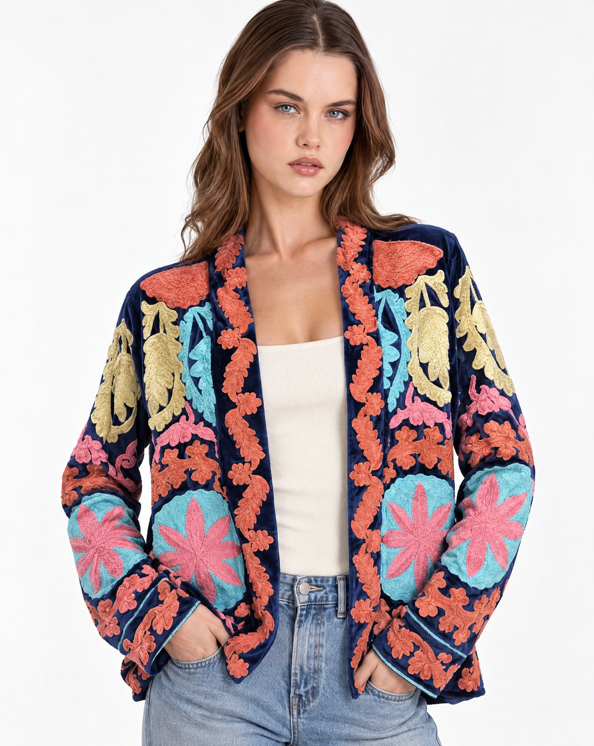 Cardigan donna blu con decorazioni floreali multicolore, Polly 2 — dettaglio parte superiore