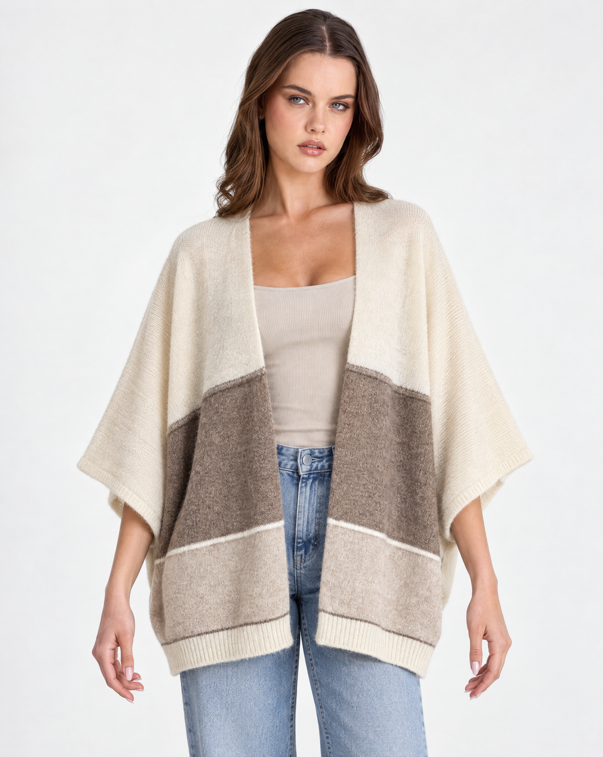 Cardigan donna aperto a fasce Beige, Polly 2 — vista frontale