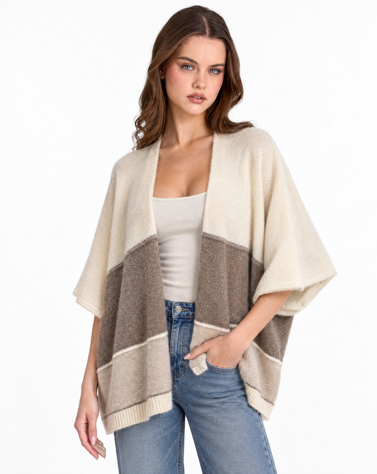 Cardigan donna aperto a fasce Beige, Polly 2 — vista a tre quarti