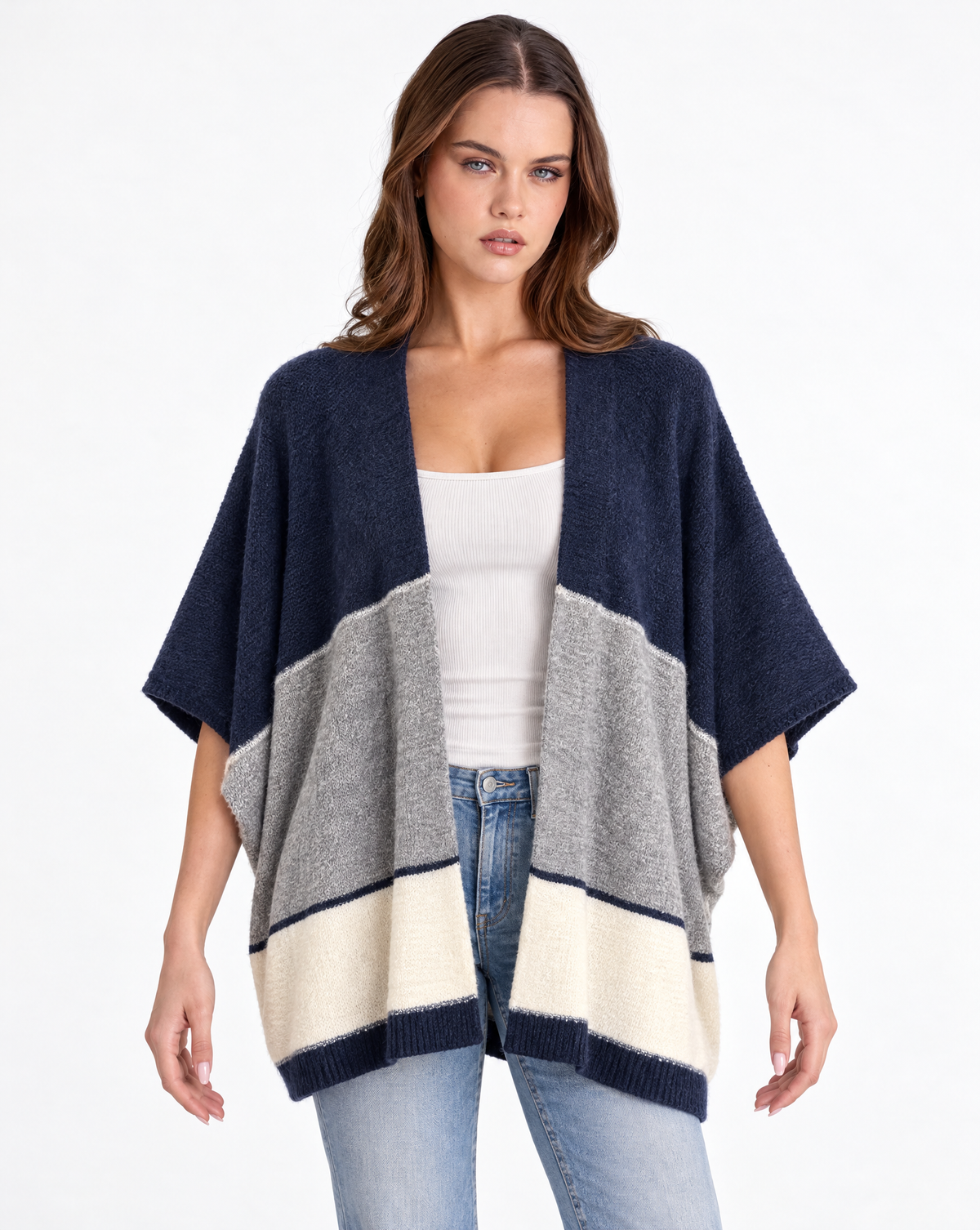Cardigan donna aperto a fasce Blu, Polly 2 — vista frontale