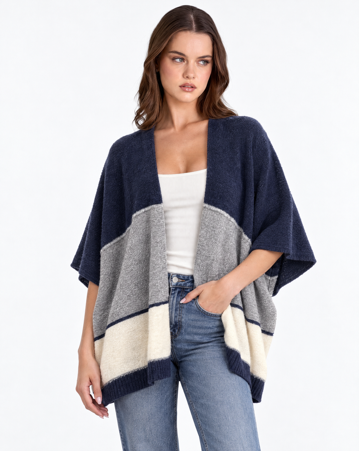 Cardigan donna aperto a fasce Blu, Polly 2 — vista a tre quarti