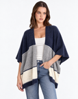 Cardigan donna aperto a fasce Blu, Polly 2 — vista a tre quarti