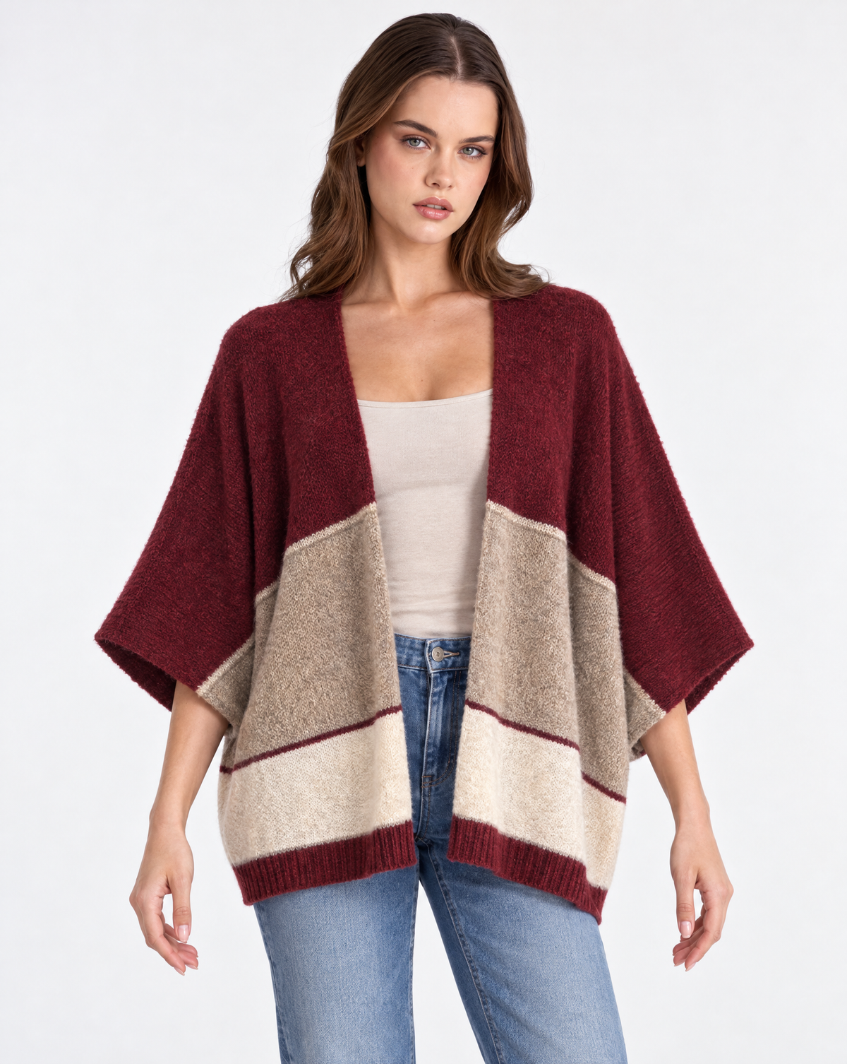 Cardigan donna aperto a fasce Bordeaux, Polly 2 — vista frontale