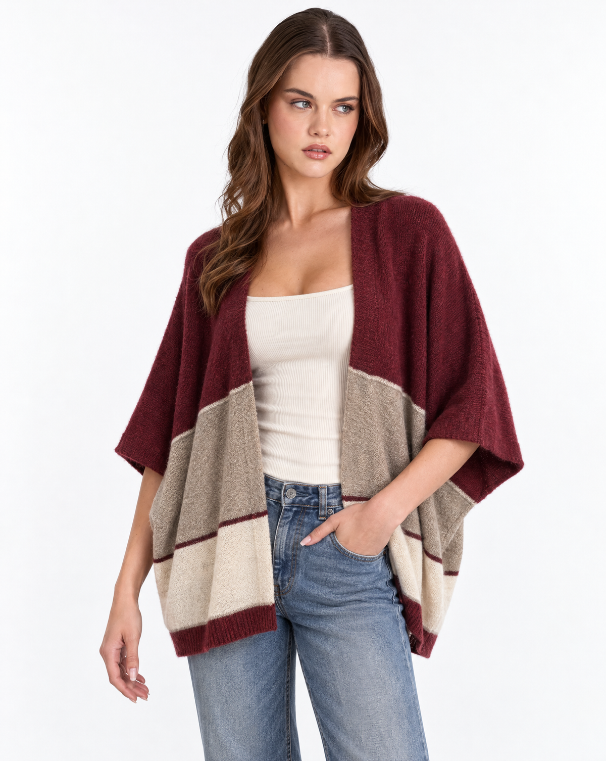 Cardigan donna aperto a fasce Bordeaux, Polly 2 — vista a tre quarti