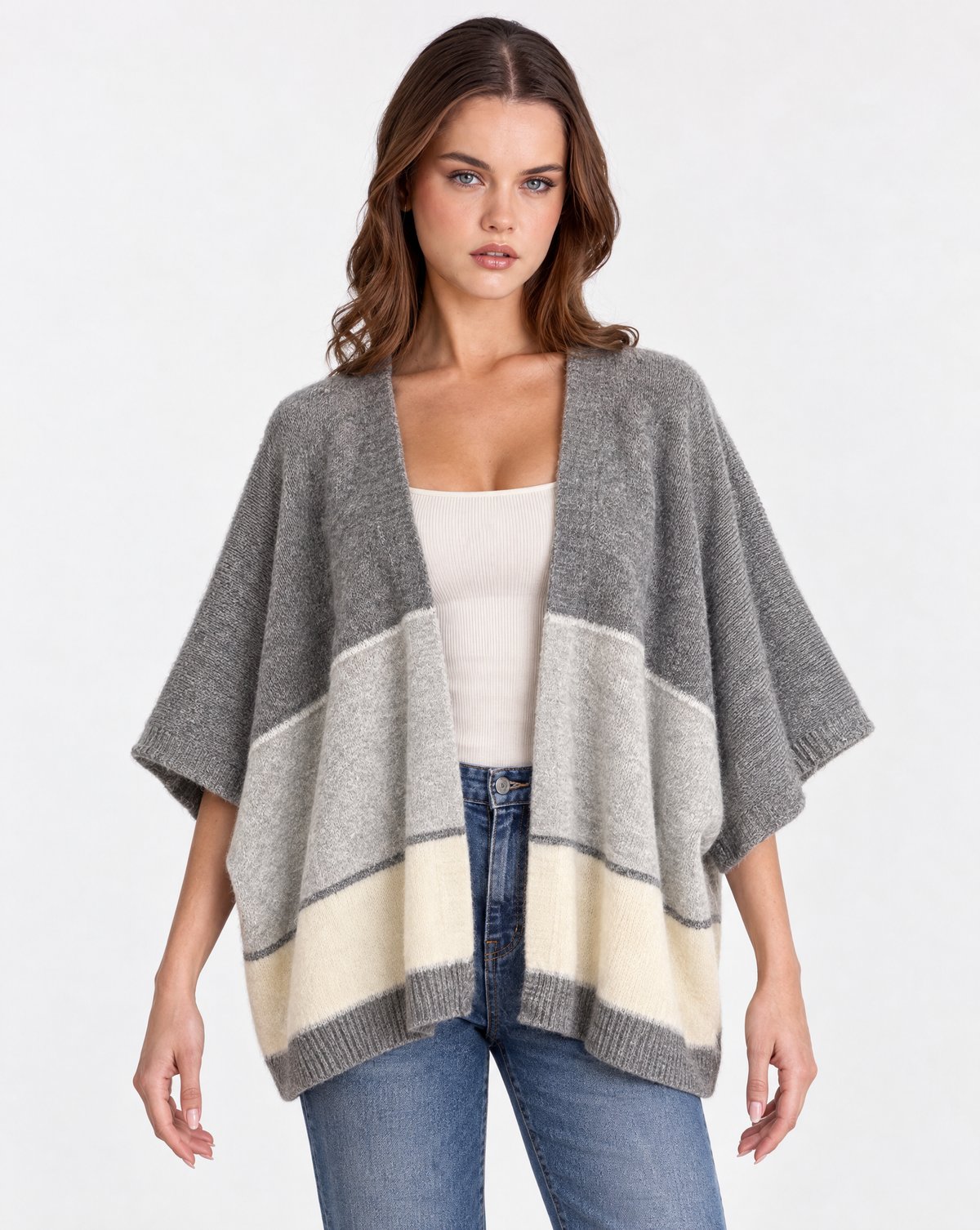 Cardigan donna aperto a fasce Grigio, Polly 2 — vista frontale