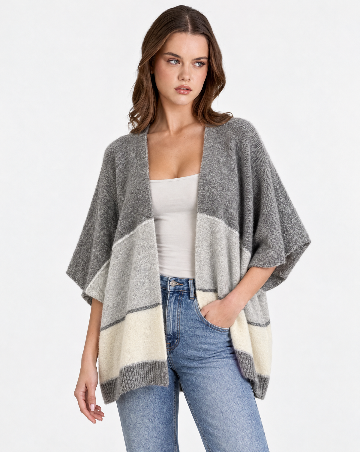 Cardigan donna aperto a fasce Grigio, Polly 2 — vista a tre quarti