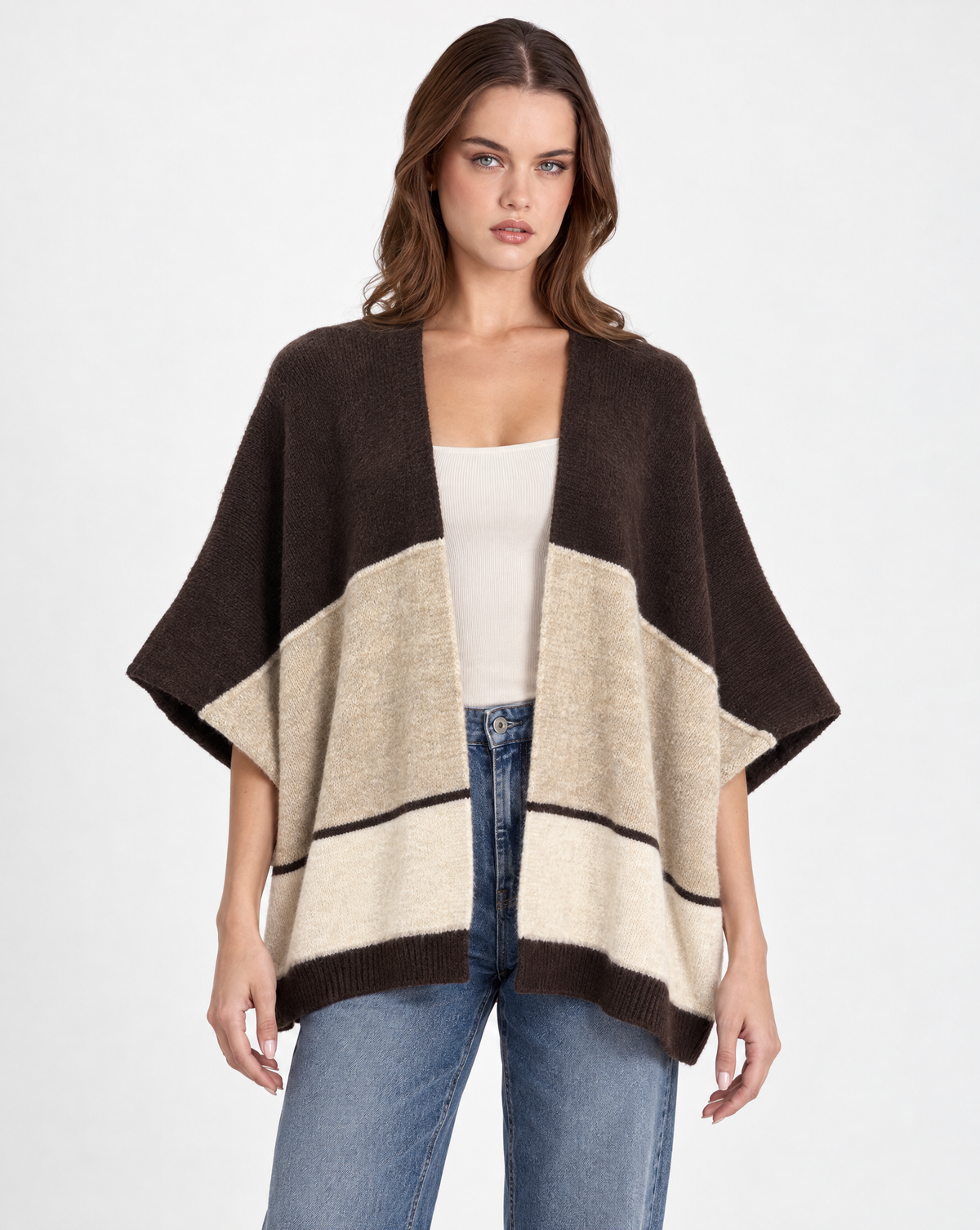 Cardigan donna aperto a fasce Marrone, Polly 2 — vista frontale