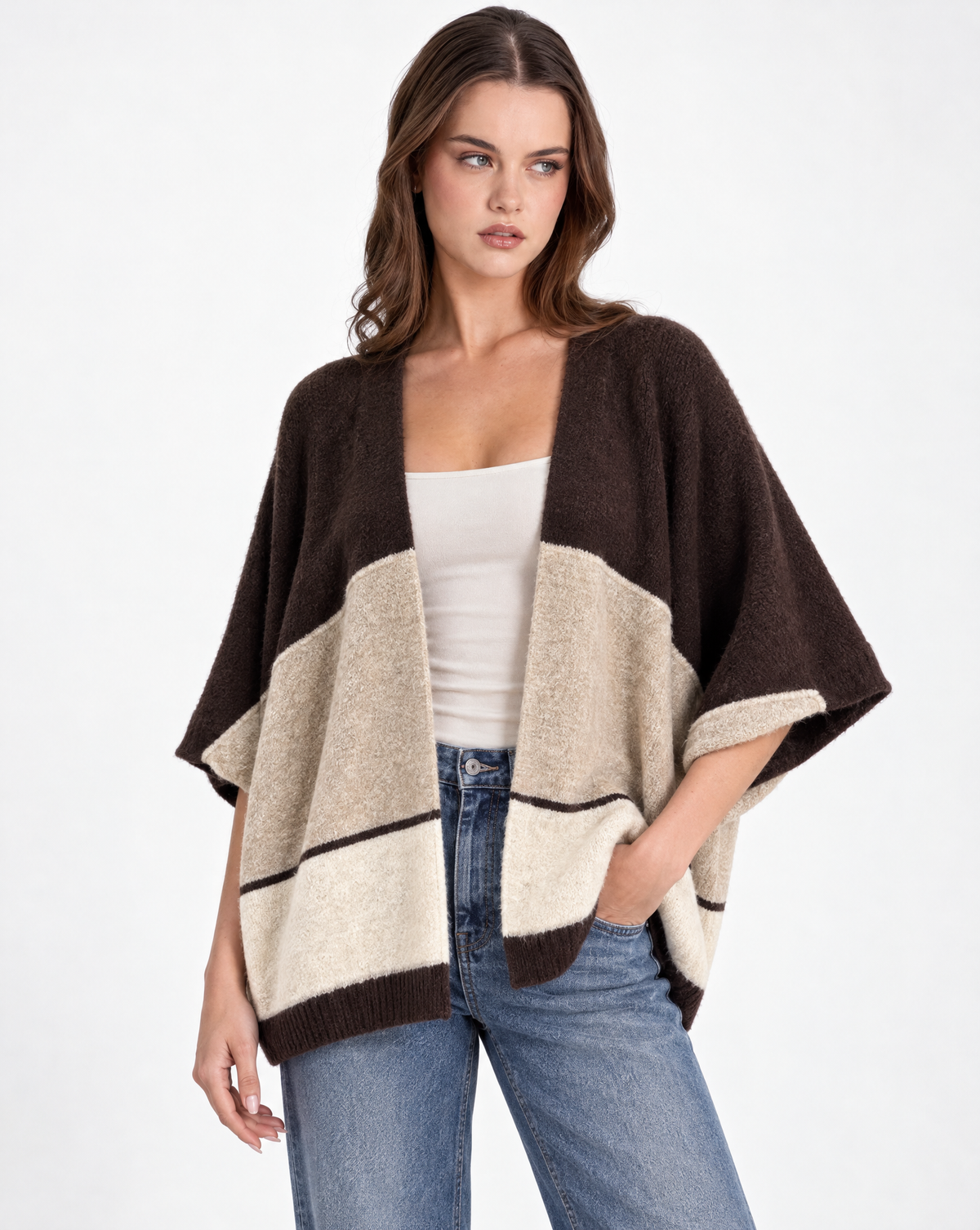 Cardigan donna aperto a fasce Marrone, Polly 2 — vista a tre quarti