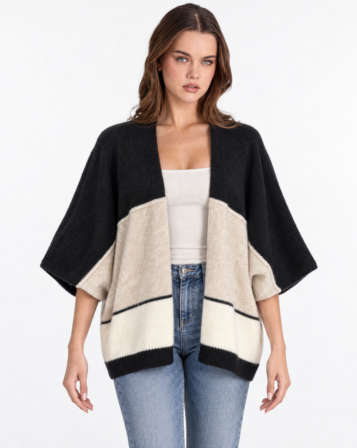 Cardigan donna aperto a fasce Nero, Polly 2 — vista frontale