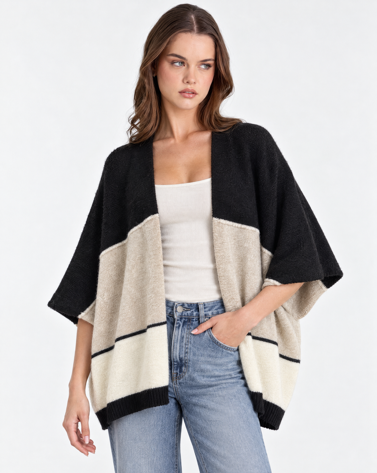 Cardigan donna aperto a fasce Nero, Polly 2 — vista a tre quarti