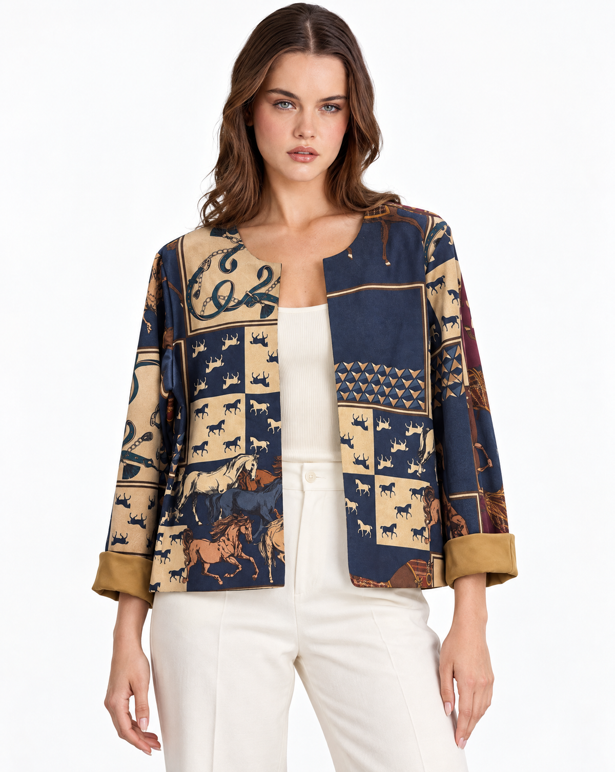 Giacca donna fantasia cavalli Blu con Polly 2, vista frontale