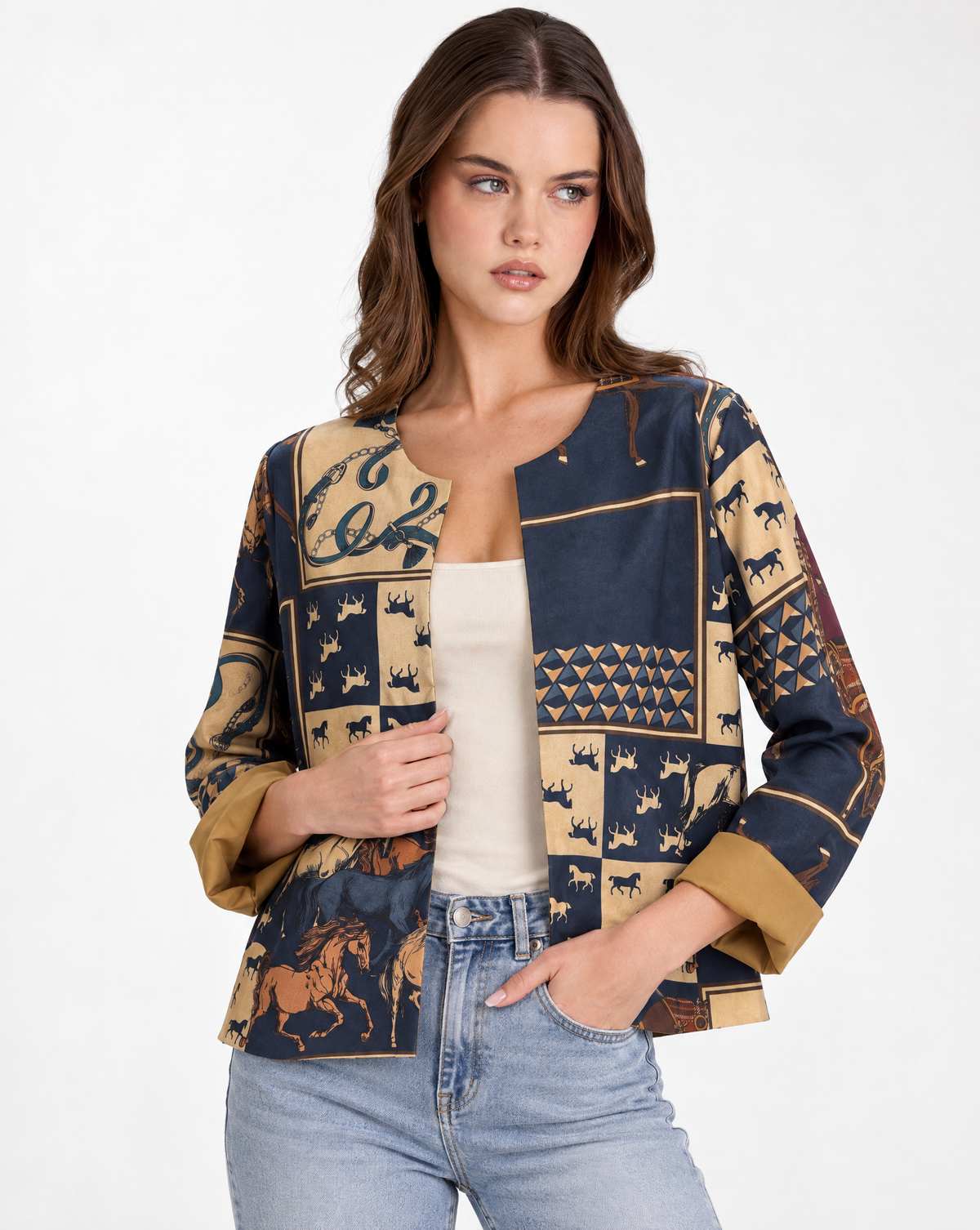 Giacca donna fantasia cavalli Blu con Polly 2, vista a tre quarti