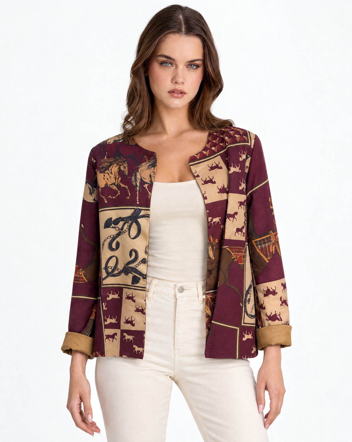 Giacca donna fantasia cavalli Bordeaux con Polly 2, vista frontale