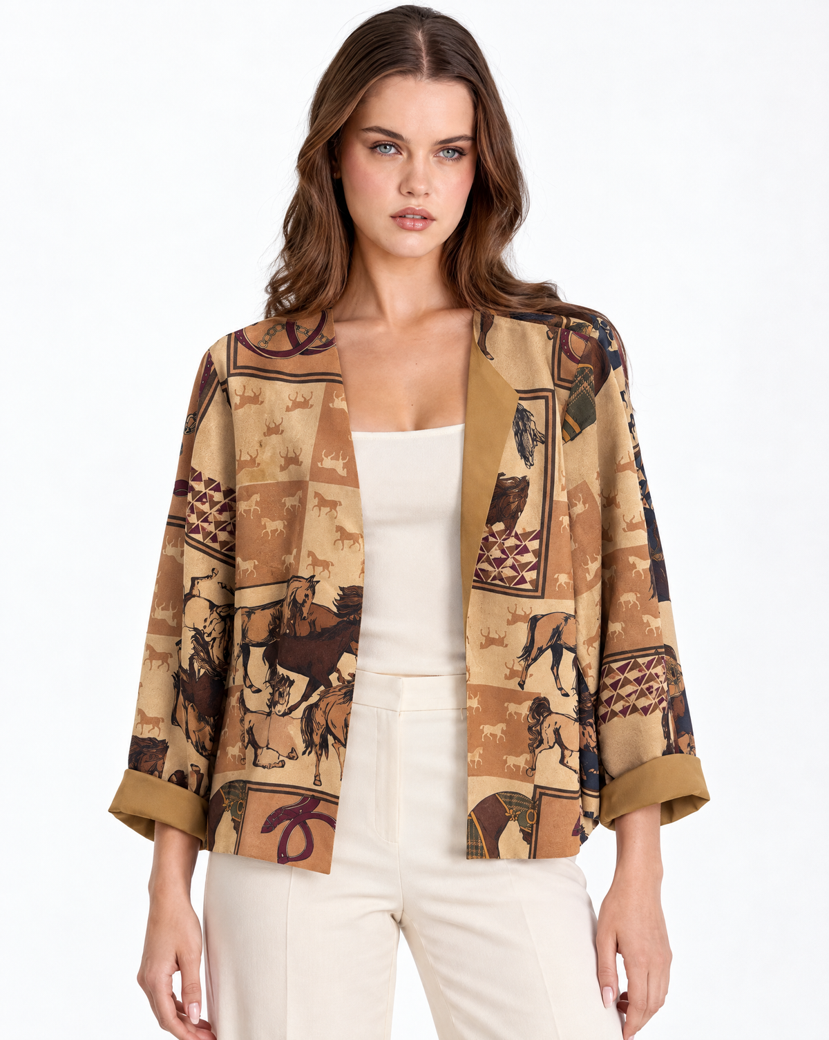 Giacca donna fantasia cavalli Cammello con Polly 2, vista frontale