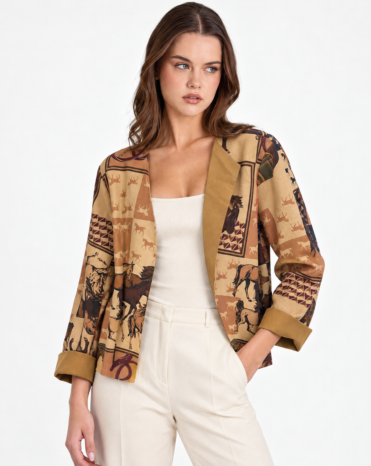 Giacca donna fantasia cavalli Cammello con Polly 2, vista a tre quarti