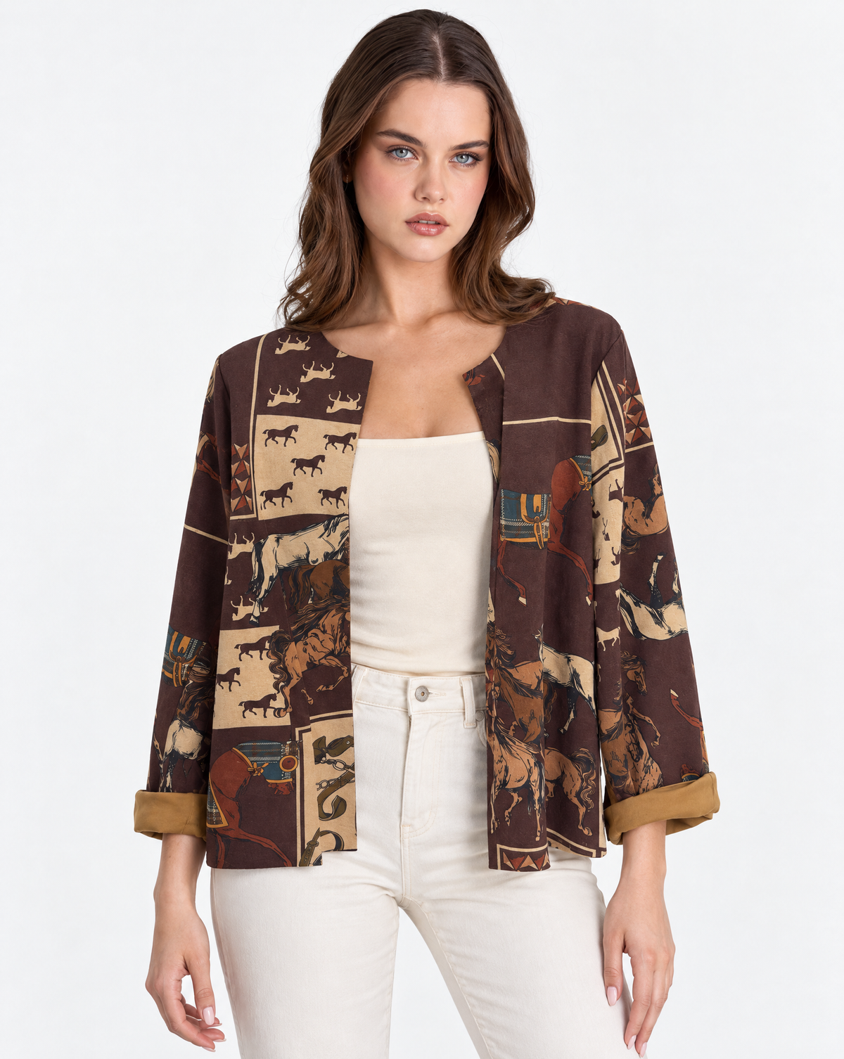 Giacca donna fantasia cavalli Marrone scuro con Polly 2, vista frontale