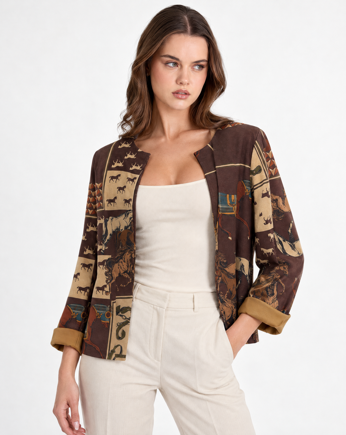 Giacca donna fantasia cavalli Marrone scuro con Polly 2, vista a tre quarti