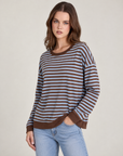 Maglia donna a righe in cotone elasticizzato Azzurro indossata da Polly 2, foto 2