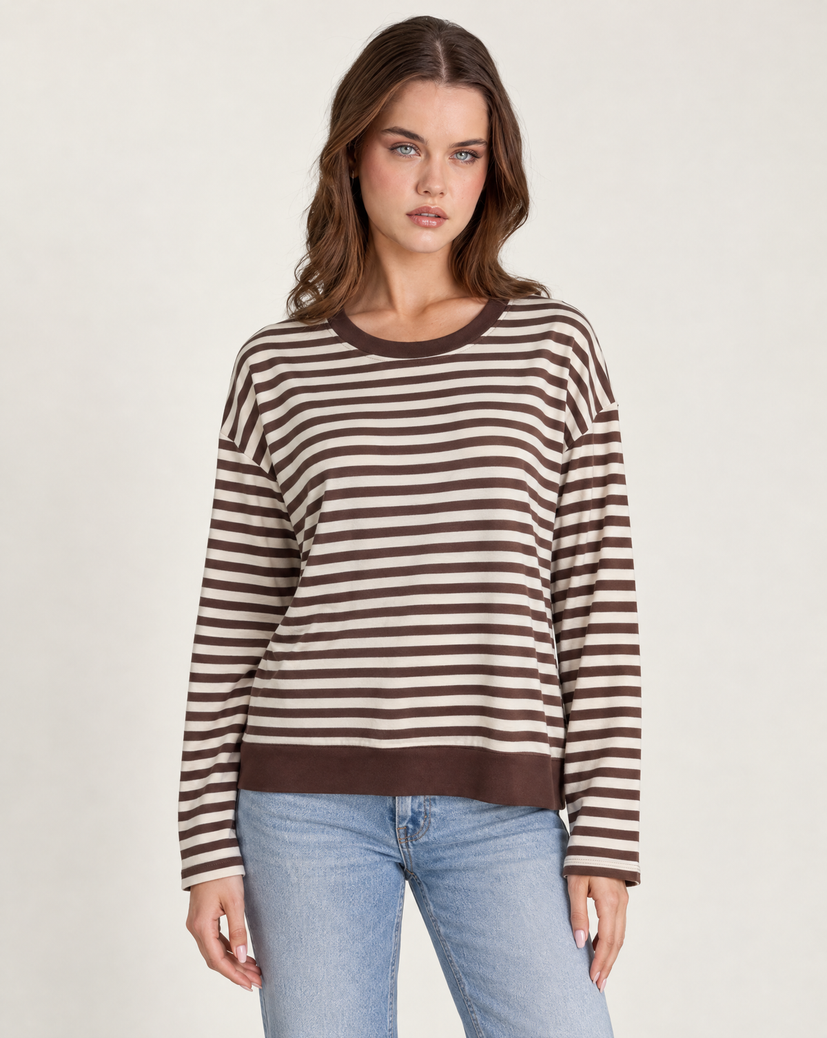 Maglia donna a righe in cotone elasticizzato Bianco indossata da Polly 2, foto 1
