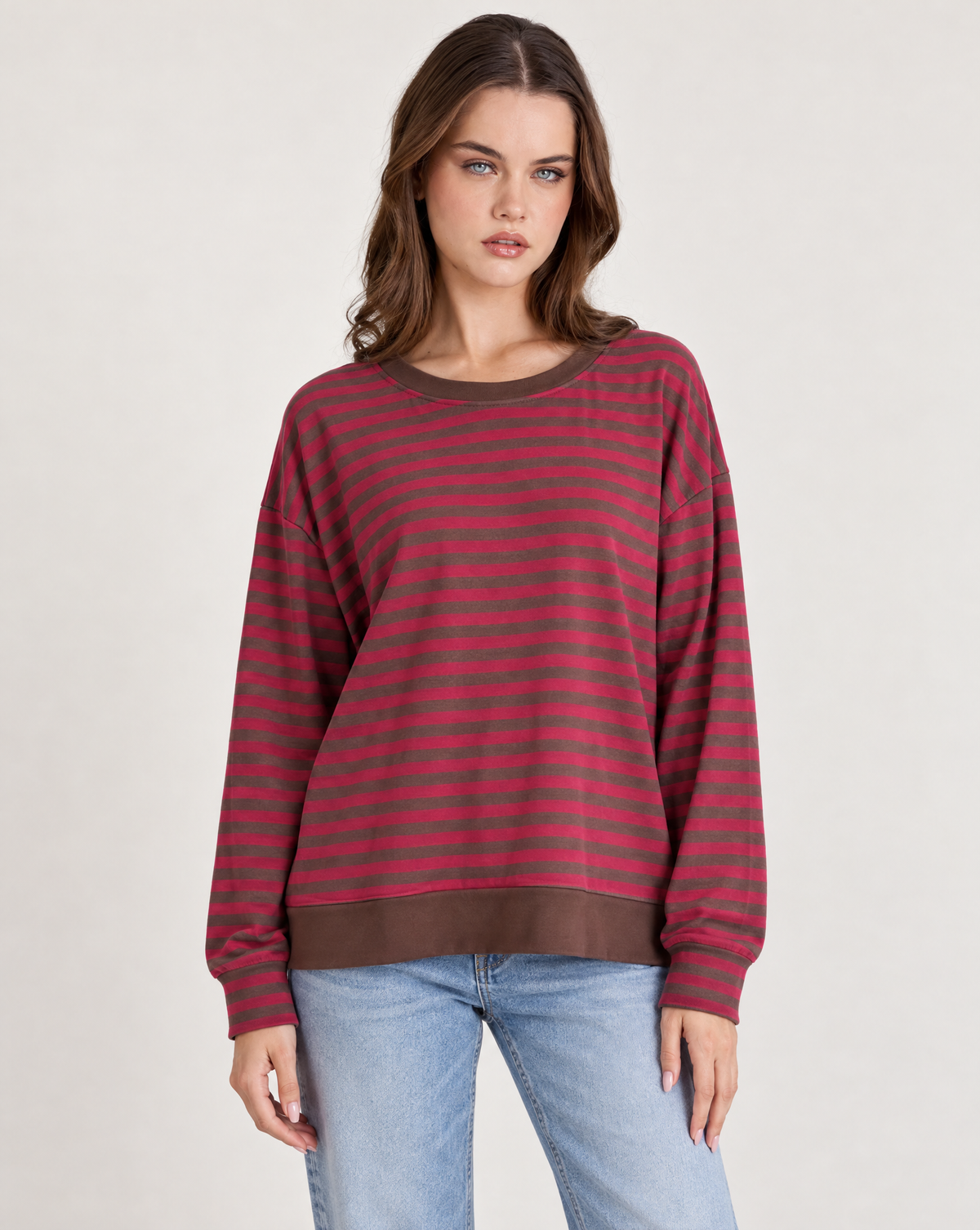 Maglia donna a righe in cotone elasticizzato Fucsia indossata da Polly 2, foto 1