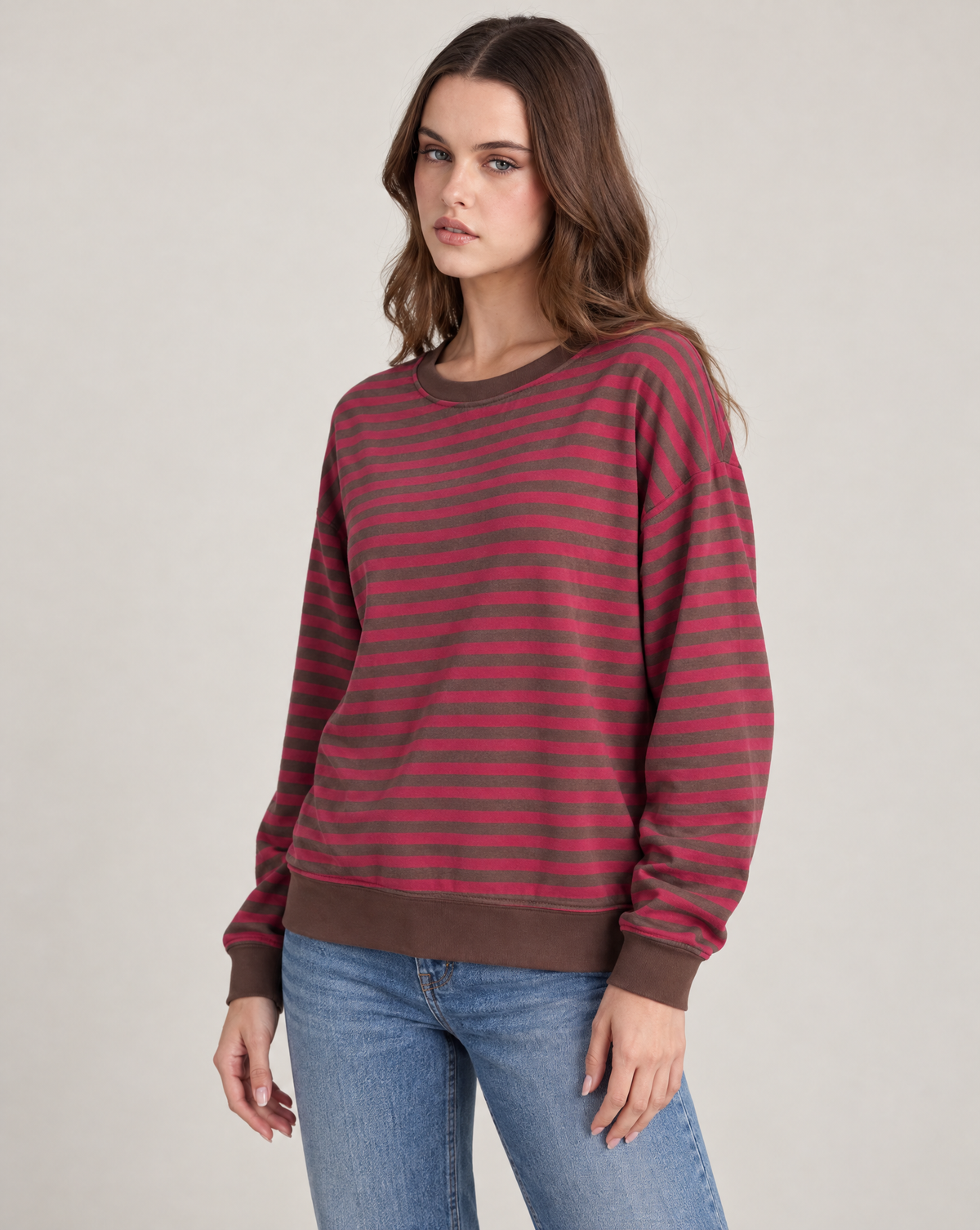 Maglia donna a righe in cotone elasticizzato Fucsia indossata da Polly 2, foto 2