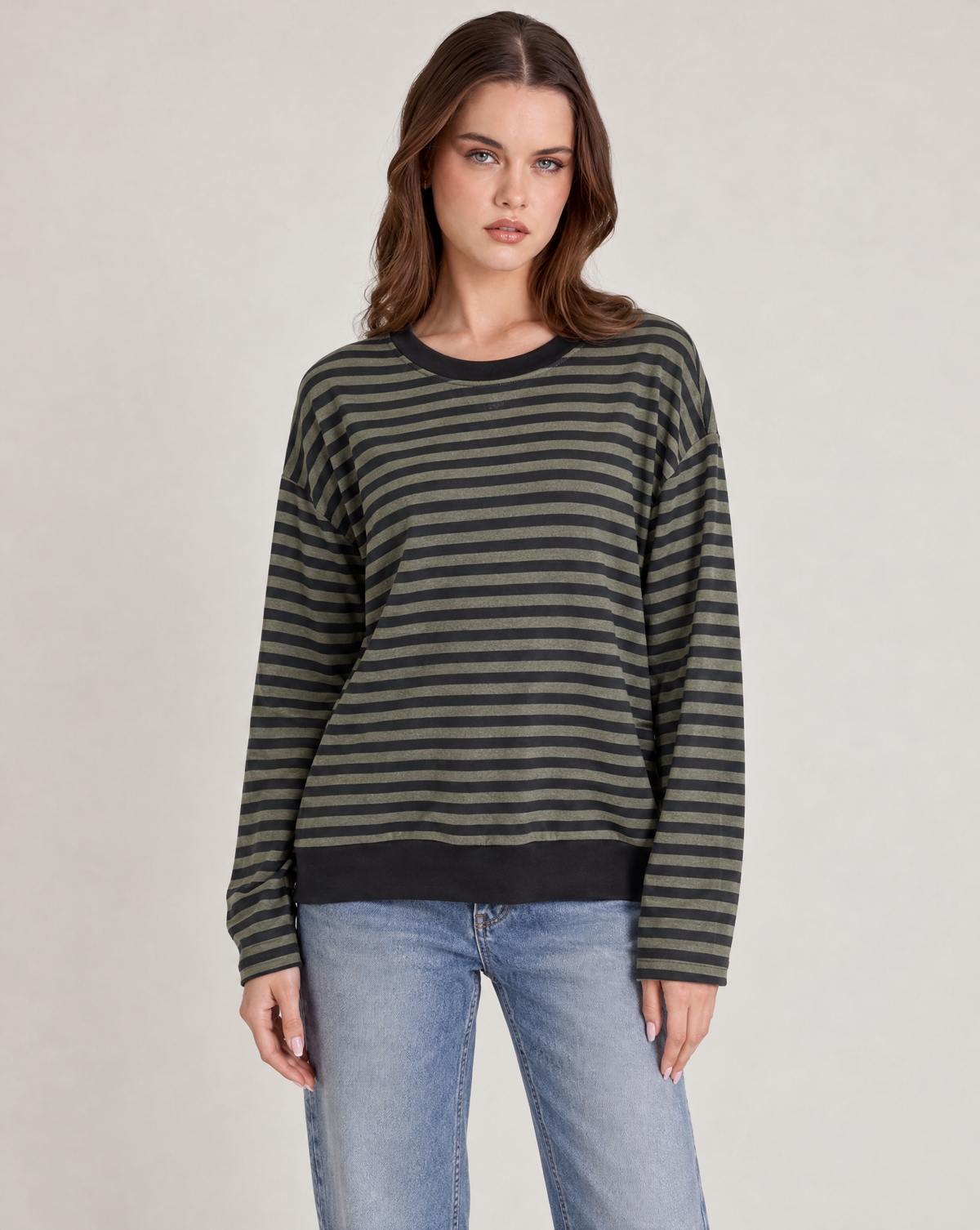 Maglia donna a righe in cotone elasticizzato Verde indossata da Polly 2, foto 1