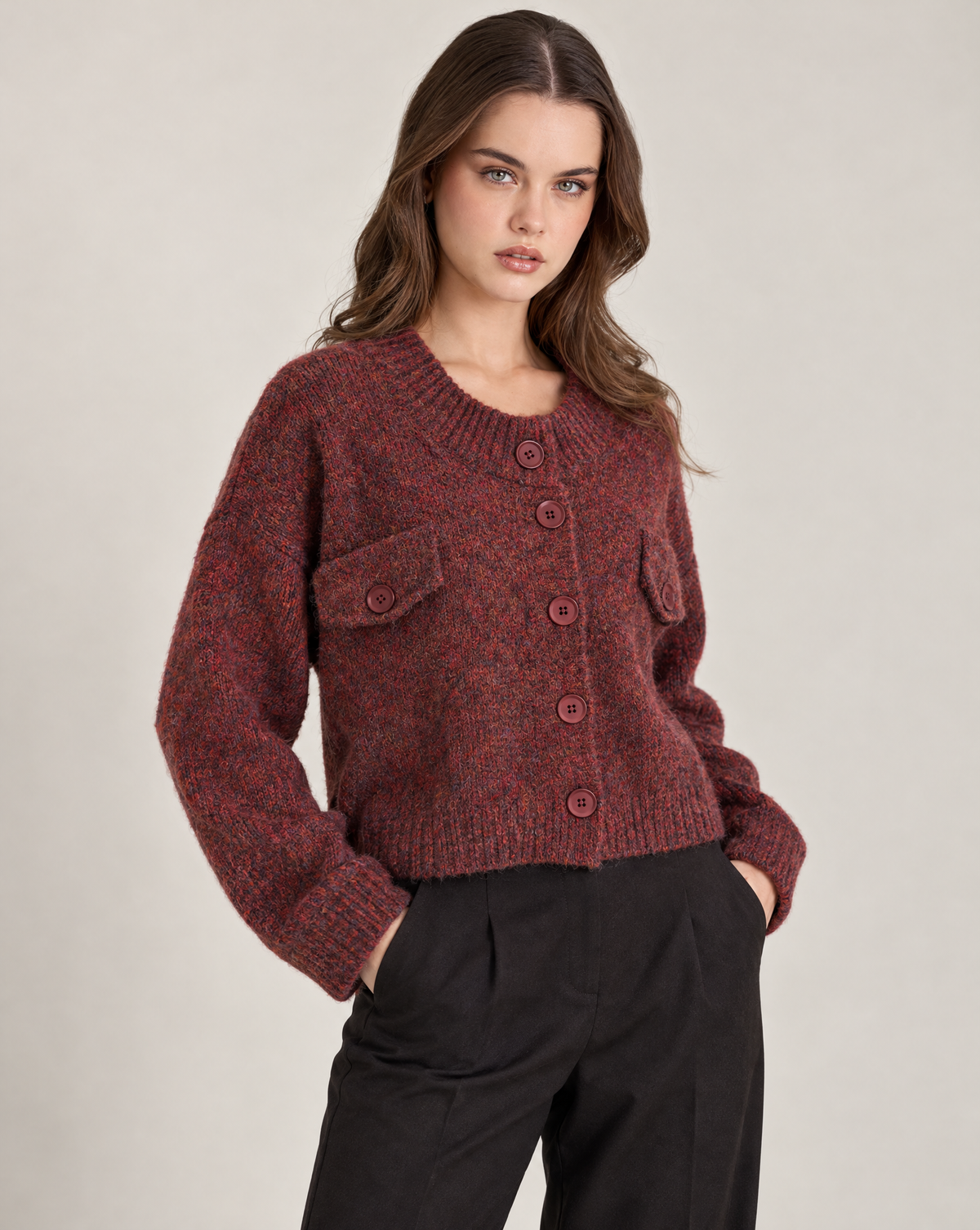 n80 26118-1 cardigan mélange Bordeaux indossato da Polly 2, foto 2
