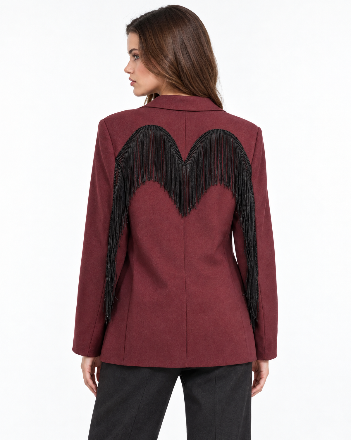 Giacca blazer donna bordeaux con frange indossata da Polly 2 – vista retro